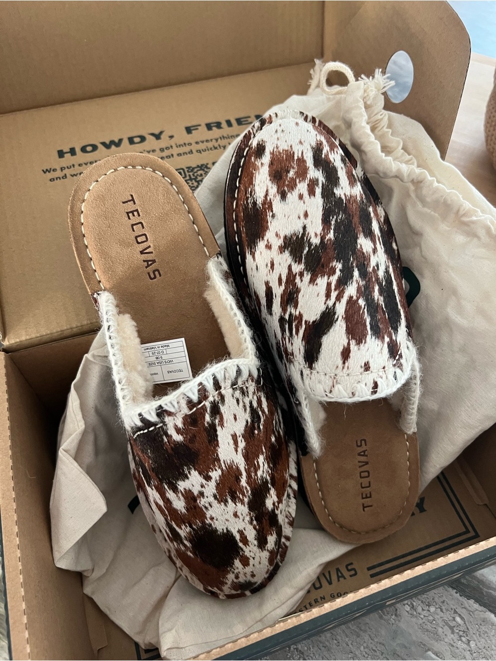 Tecovas Brown and White Cowhide Slip-On Mules